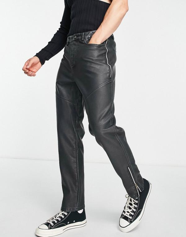ASOS DESIGN tapered leather look pants with zip detailing in washed grey