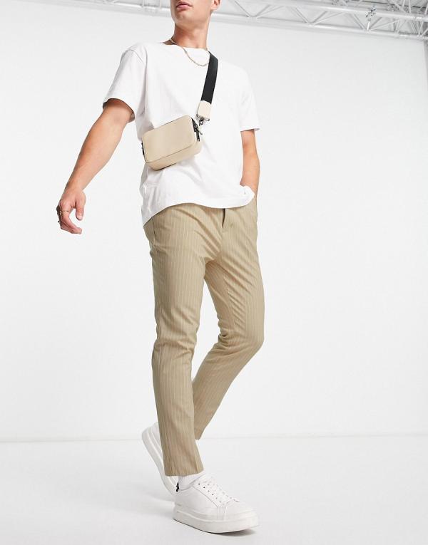 ASOS DESIGN tapered smart pants with stone pin stripe-Neutral