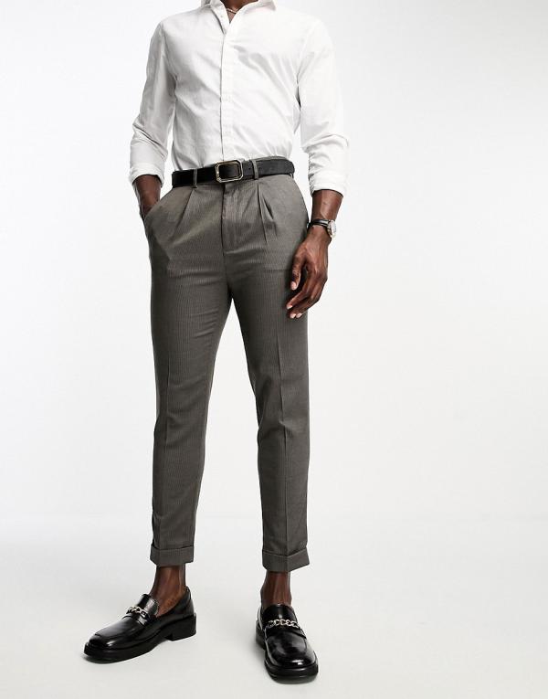 ASOS DESIGN tapered turnup smart pants in brown texture-Neutral