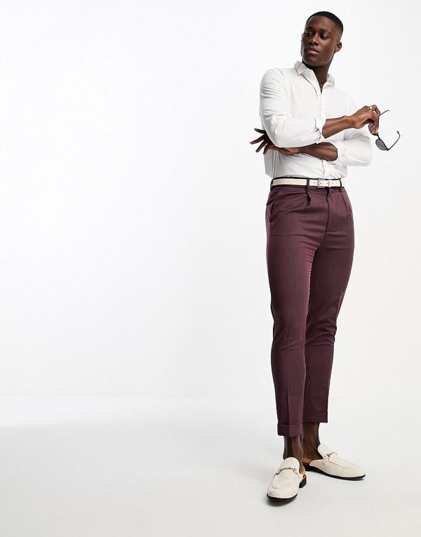 ASOS DESIGN tapered turnup smart pants in burgundy texture