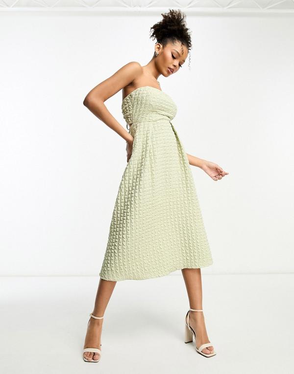 ASOS DESIGN textured bandeau cut out back midi skater dress with tie detail in sage green