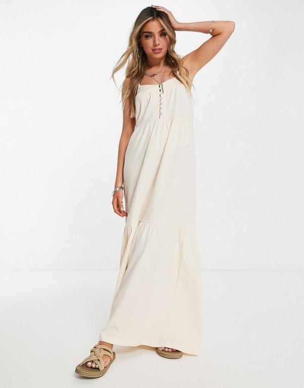 ASOS DESIGN tiered cami maxi dress with faux shell buttons in cream-Neutral