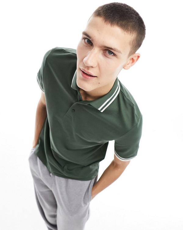 ASOS DESIGN tipped pique polo shirt in khaki-Green