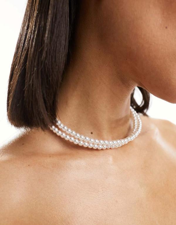 ASOS DESIGN torque choker with wraparound faux pearl design-White