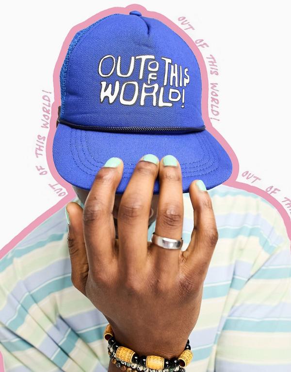 ASOS DESIGN trucker cap with contrast print in blue