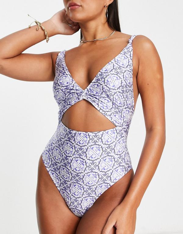 ASOS DESIGN twist front cut out swimsuit in blue tile print-Multi