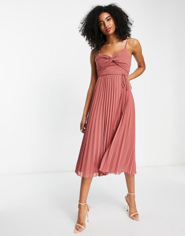 ASOS DESIGN twist front pleated cami midi dress with belt in rose pink