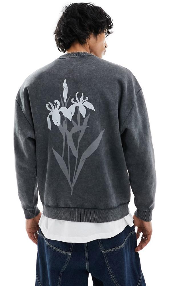 ASOS DESIGN unisex oversized sweatshirt in washed charcoal with front and back flower print-Grey