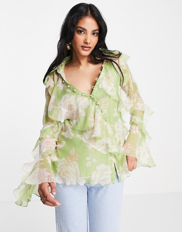 ASOS DESIGN v-neck ruffle blouse with frill detail and button edge in green floral print-Multi