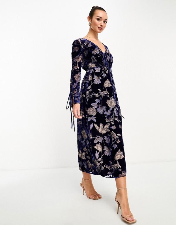 ASOS DESIGN velvet maxi dress in blue floral burnout-Multi