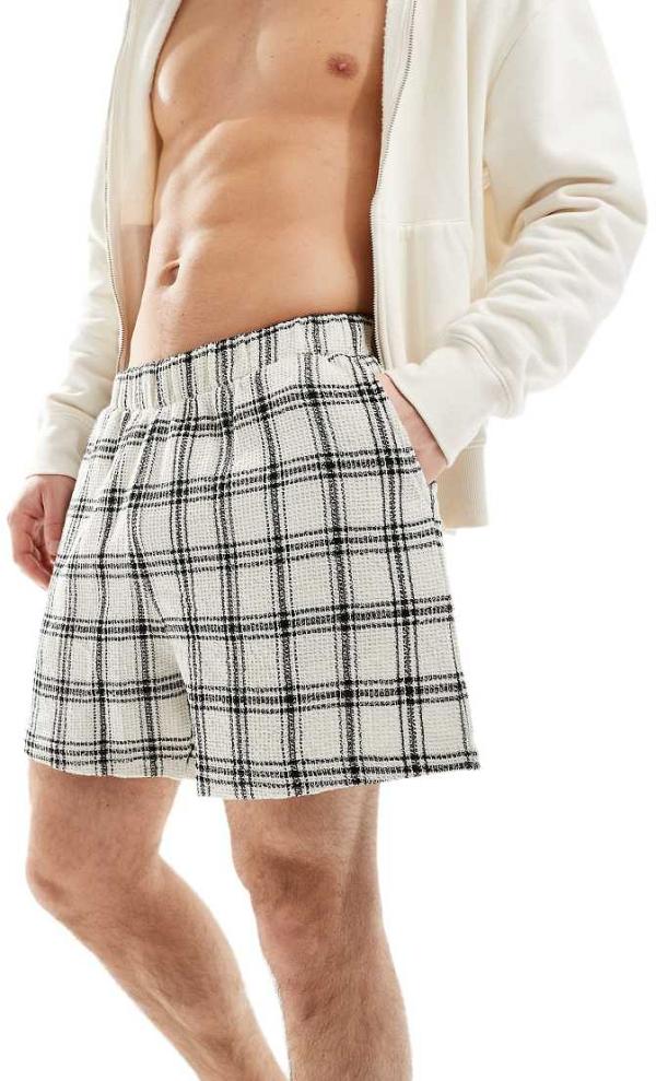 ASOS DESIGN waffle check shorts in ecru-Neutral