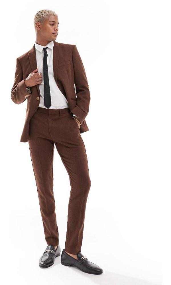 ASOS DESIGN wedding skinny wool mix suit pants in brown basketweave texture