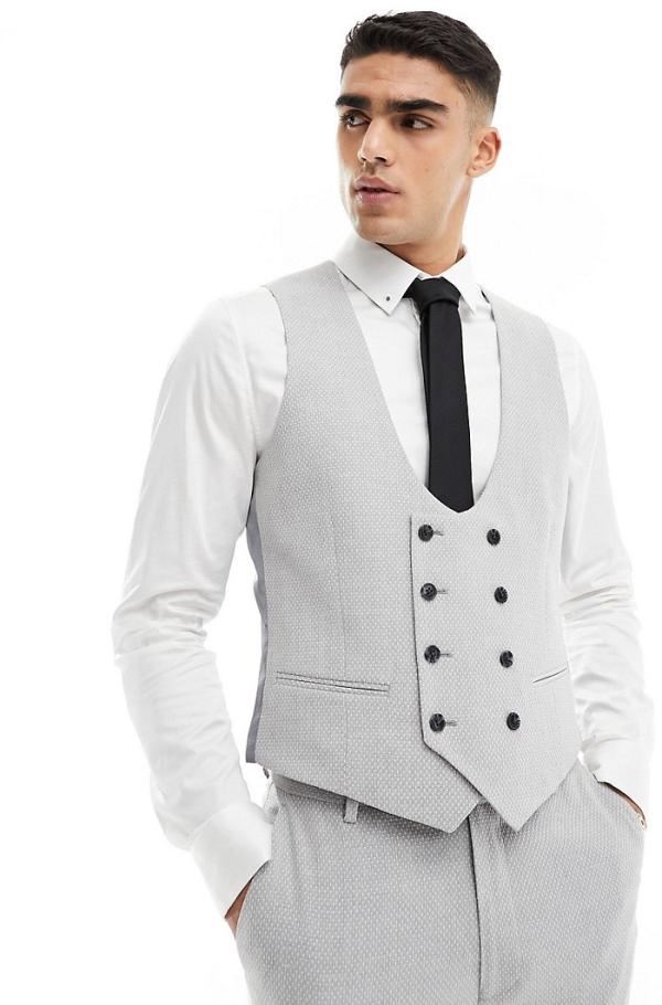 ASOS DESIGN wedding slim suit waistcoat in light grey birdseye texture