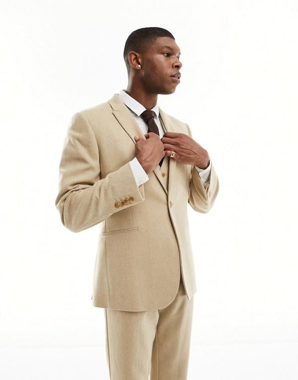 ASOS DESIGN wedding slim wool mix suit jacket in beige basketweave texture-Neutral