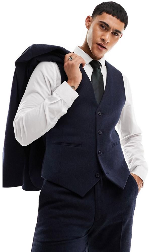 ASOS DESIGN wedding slim wool mix suit waistcoat in navy basketweave texture