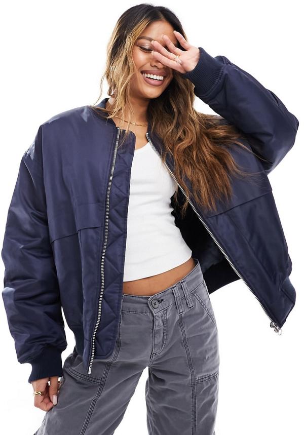 ASOS DESIGN Weekend Collective oversized bomber jacket with back logo in navy