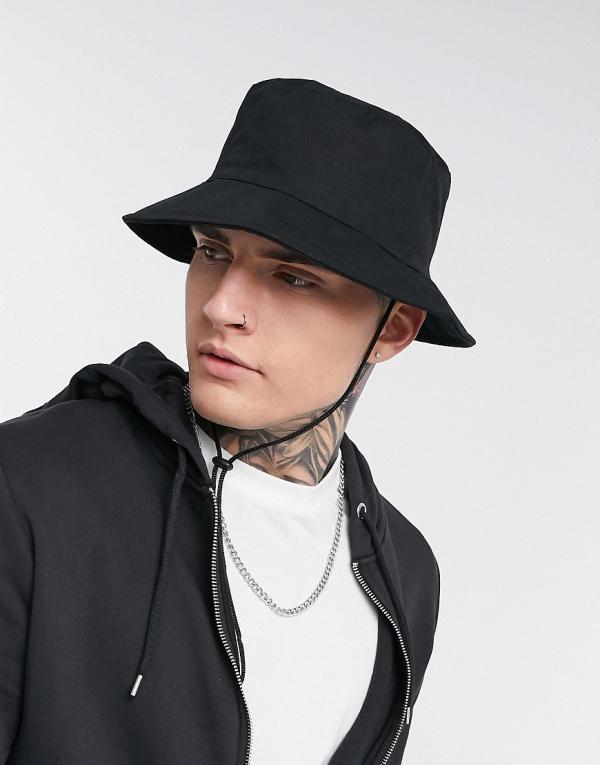 ASOS DESIGN wide brim safari bucket hat in black with tie drawcord