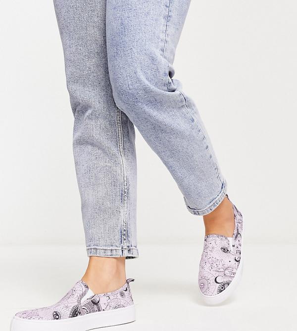 ASOS DESIGN Wide Fit Dotty slip on canvas shoes in lilac celestial print-Multi