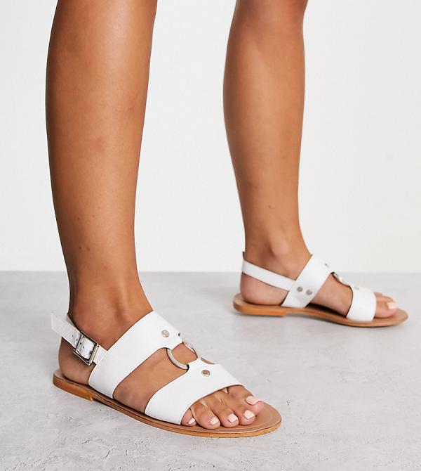 ASOS DESIGN Wide Fit Fancy leather ring and stud detail flat sandals in off white