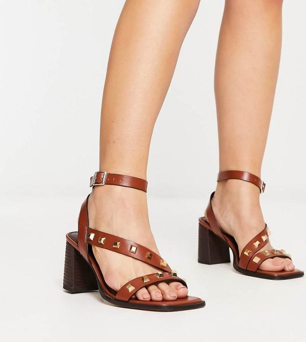 ASOS DESIGN Wide Fit Halter studded mid heeled sandals in tan-Brown