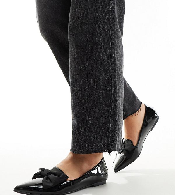 ASOS DESIGN Wide Fit Lake bow pointed ballet flats in black
