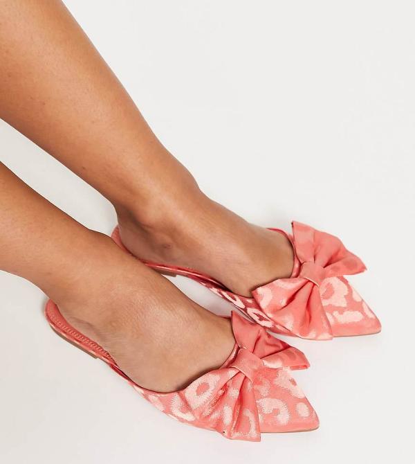 ASOS DESIGN Wide Fit Lass oversized bow pointed flat mules in coral satin-Orange