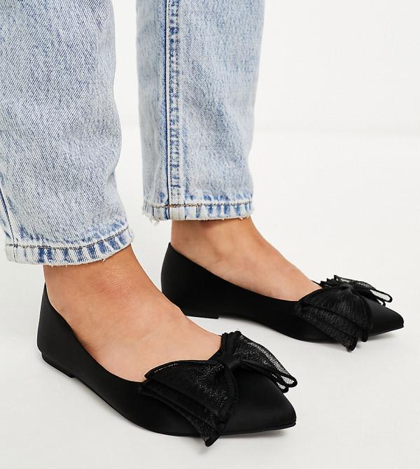 ASOS DESIGN Wide Fit Lila bow ballet flats in black