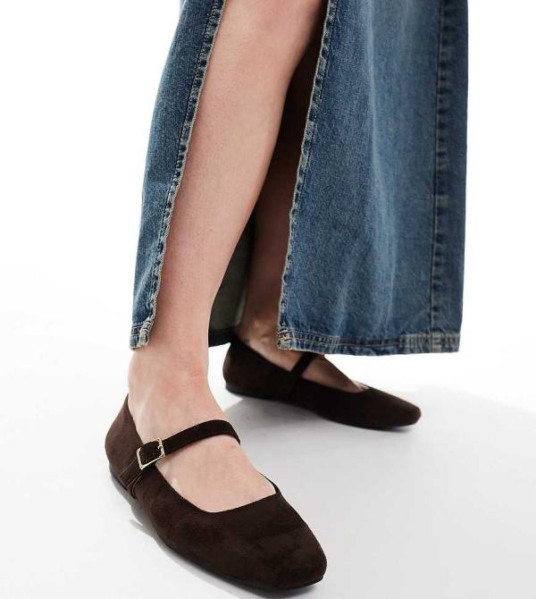 ASOS DESIGN Wide Fit Lottie Mary Jane ballet flats in brown