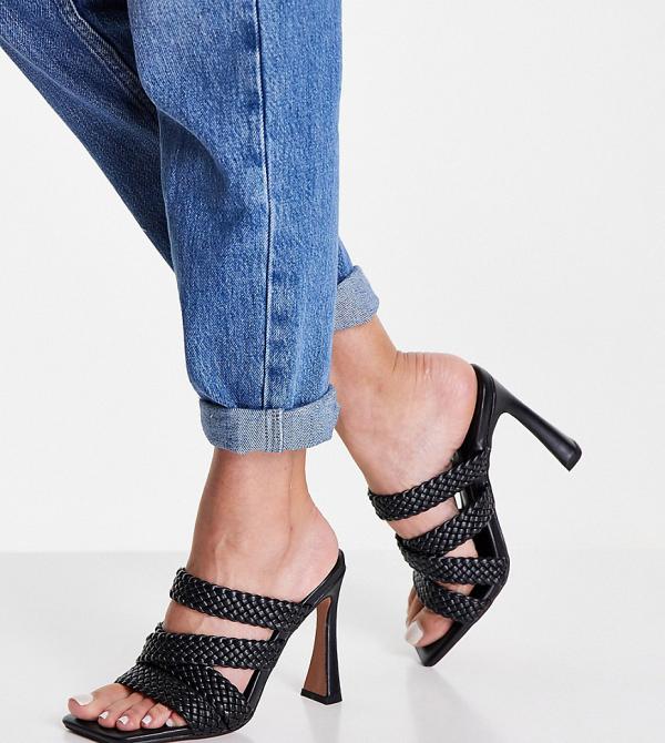 ASOS DESIGN Wide Fit Nuclear woven strappy high-heeled mules in black