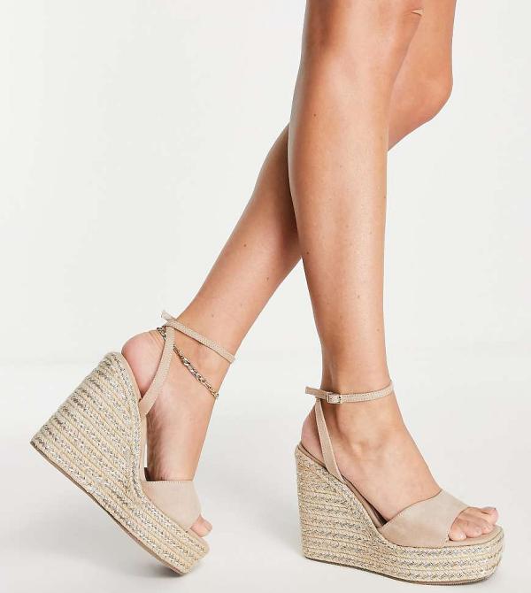 ASOS DESIGN Wide Fit Tasha espadrille wedges in beige-Neutral