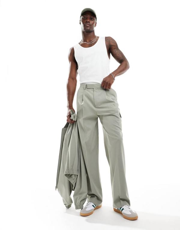 ASOS DESIGN wide leg smart cargo pants in green (part of a set)