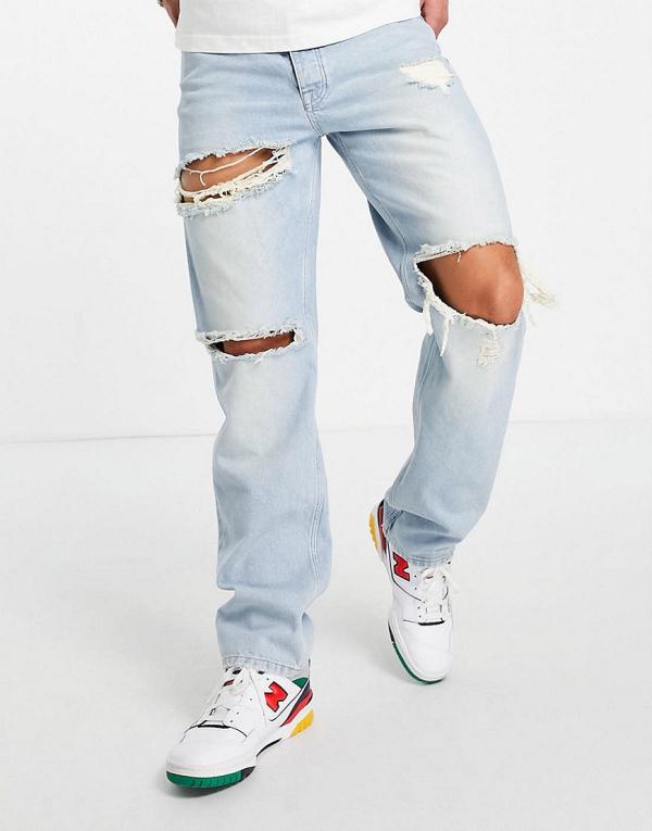ASOS DESIGN wide straight leg jeans in 90s stone wash with rips-Blue