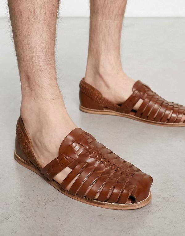 ASOS DESIGN woven sandals in tan leather-Brown