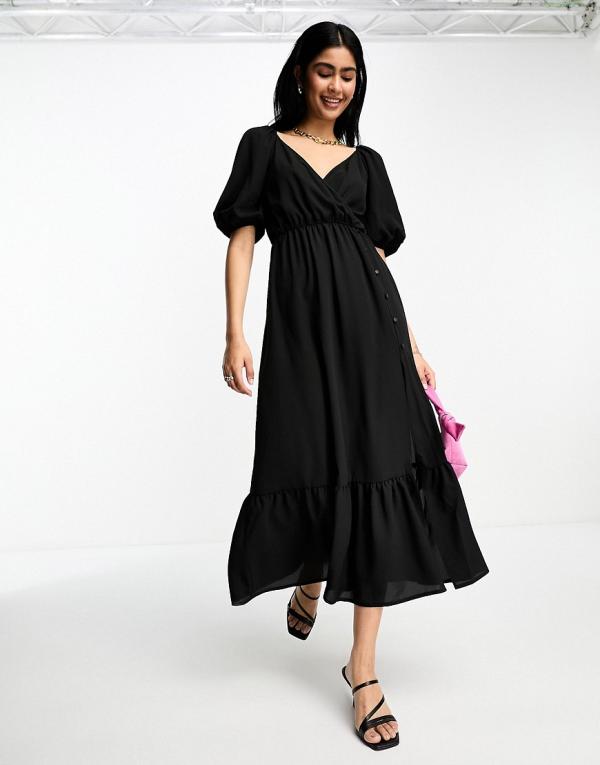 ASOS DESIGN wrap bodice midi dress with button through pep hem skirt in black