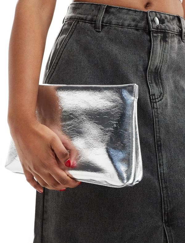 ASOS DESIGN zip top clutch bag in metallic silver