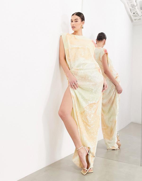 ASOS EDITION abstract sequin open side drape midi dress in swirl print-Multi