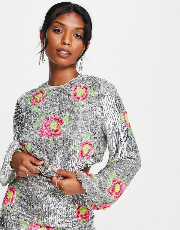 ASOS EDITION blouson sleeve crop top in floral sequin-Silver