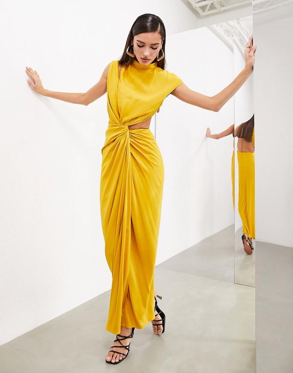ASOS EDITION draped and slashed high neck maxi dress in golden yellow-Black