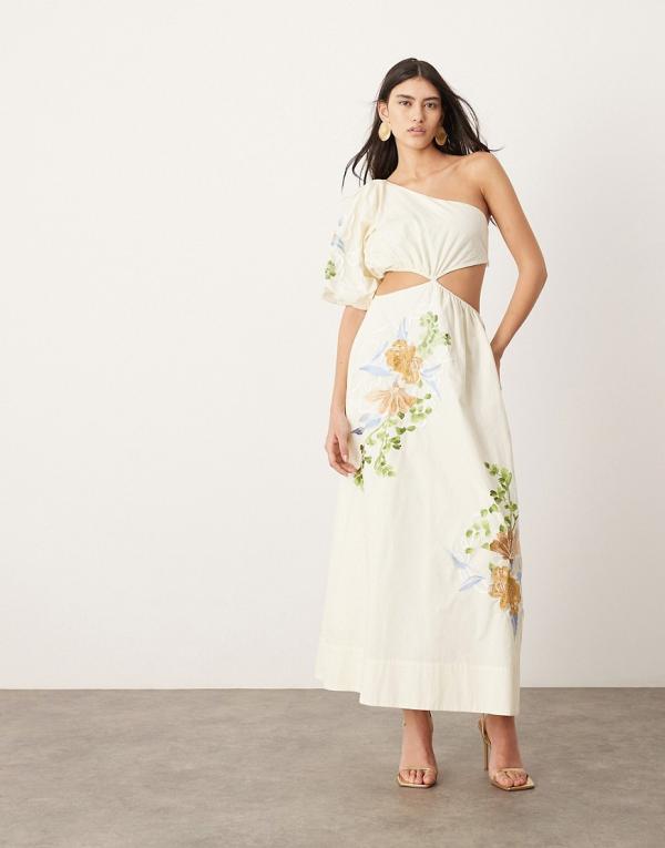 ASOS EDITION embroidered floral one shoulder puff sleeve midi dress in cream-White