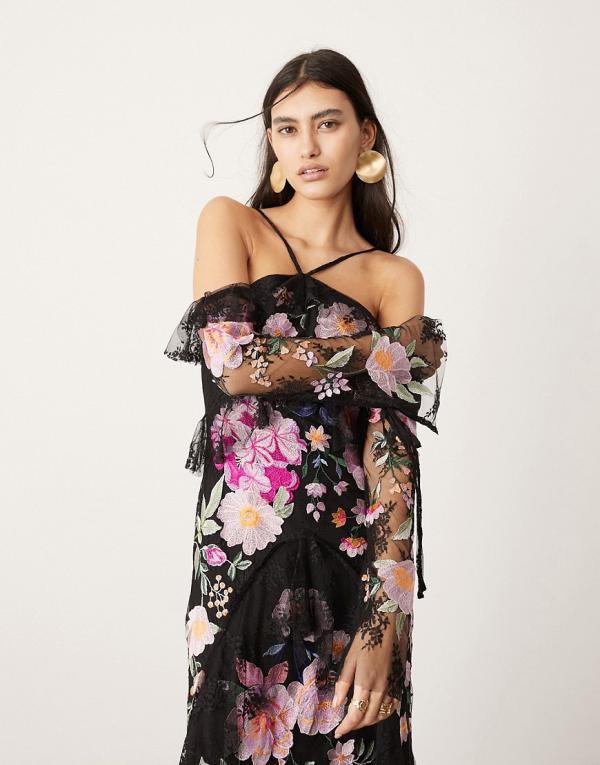 ASOS EDITION embroidered halter cold shoulder ruffle maxi dress in black