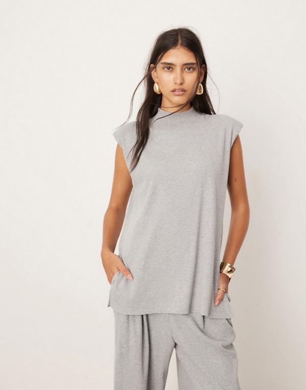 ASOS EDITION jersey rib shoulder pad longline top in grey (part of a set)