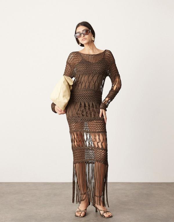 ASOS EDITION long sleeve macrame knit maxi dress in brown