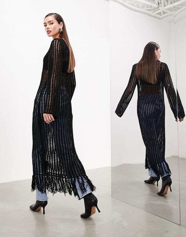 ASOS EDITION long sleeve open knit maxi dress with tassels in black