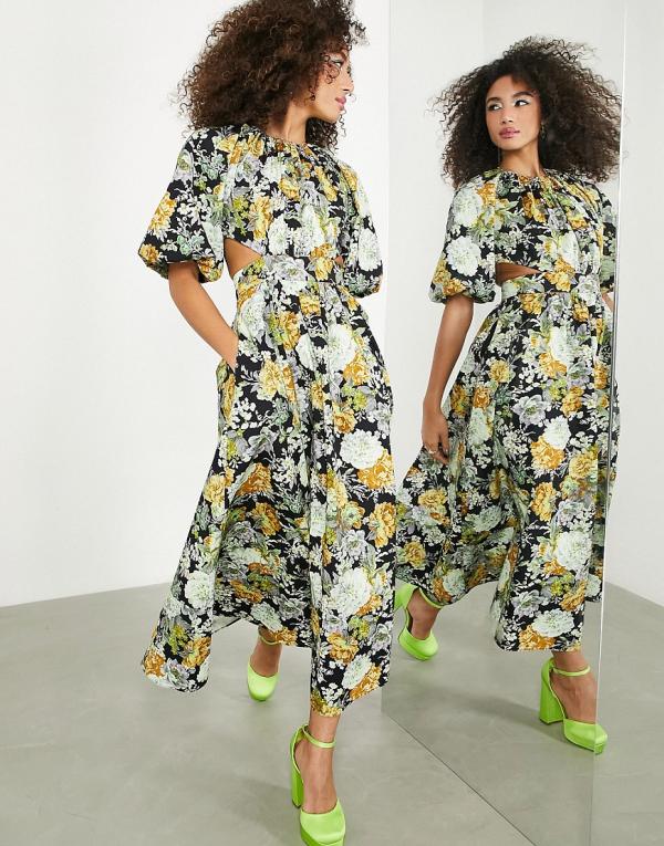 ASOS EDITION puff-sleeved midi dress with cut- out back in floral print-Multi