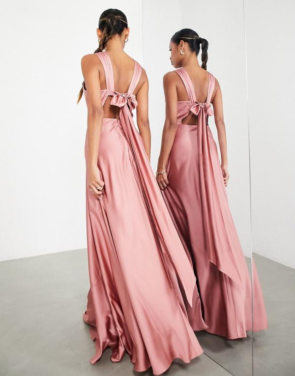ASOS EDITION satin maxi dress with drape back detail in dusky rose-Pink