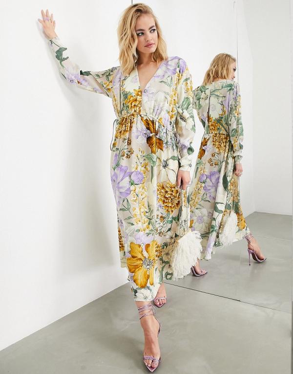 ASOS EDITION satin v neck oversized midi dress with drawstring in large floral print-Multi
