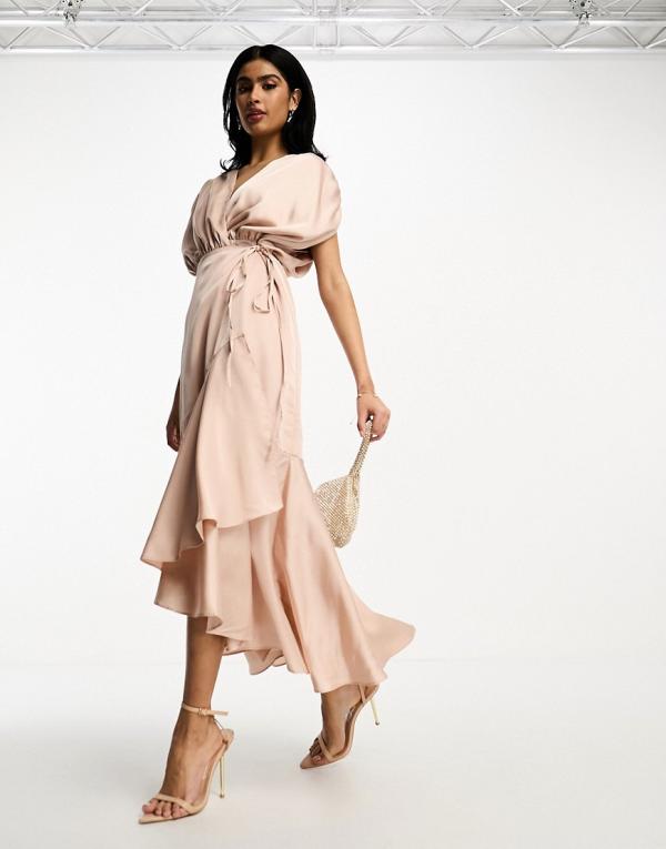 ASOS EDITION satin wrap midi dress with ruched detail in blush-Pink
