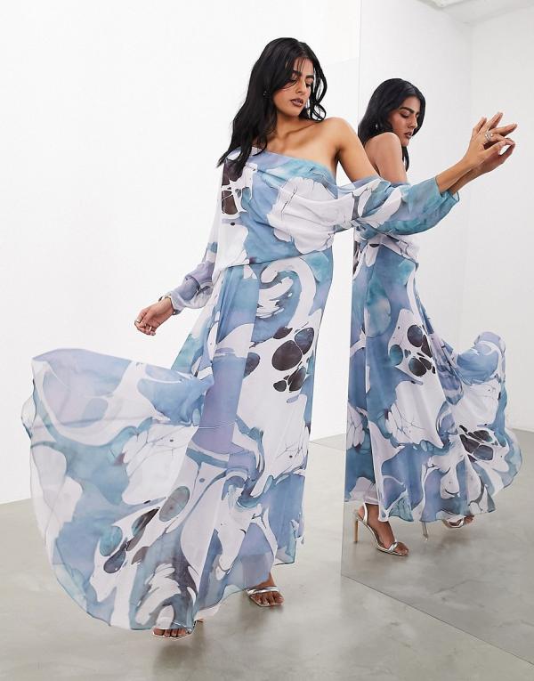 ASOS EDITION sheer draped off shoulder soft maxi dress in blue swirl print-Multi