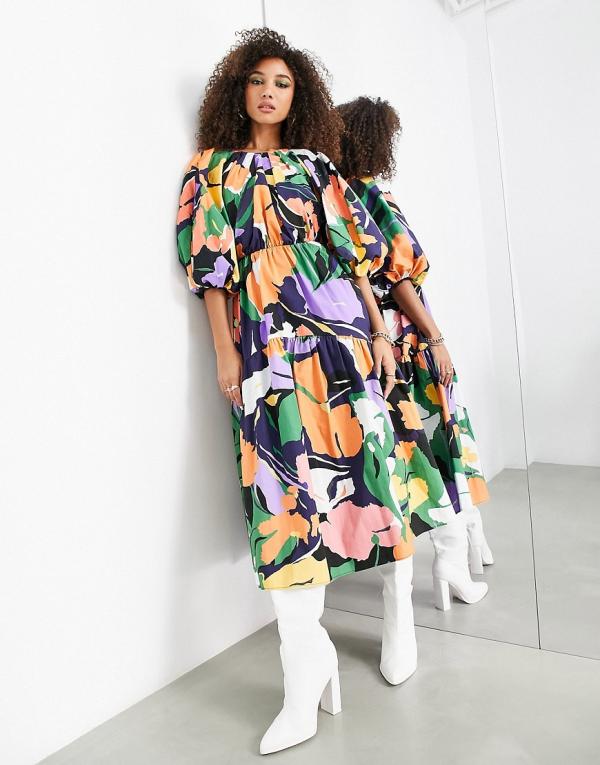 ASOS EDITION volume sleeve midi dress with cut out back in abstract print-Multi
