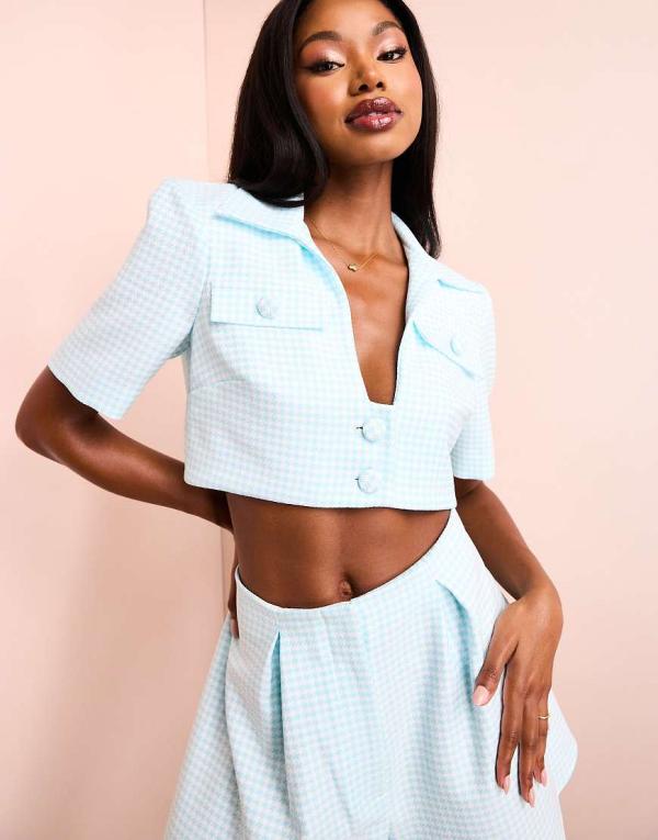 ASOS LUXE cropped tailored shirt in blue & white houndstooth (part of a set)